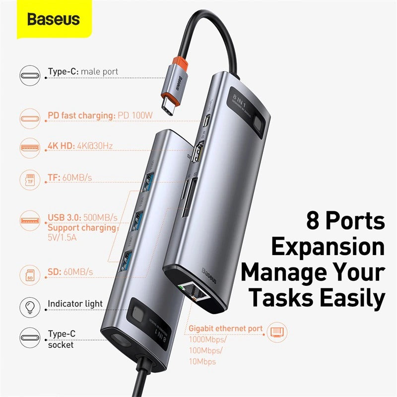 Baseus USB C HUB Type C to HDMI-compatible USB 3.0 Adapter 8 in 1 Type C HUB Dock for MacBook Pro Air USB C Splitter - HKarim Buksh