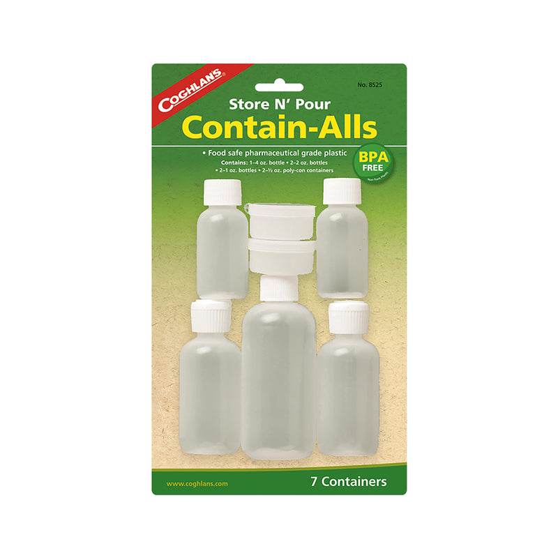 Contain-Alls 1) 4 Oz. (120 Ml) Bottle, 2)2 Oz. (60 Ml) Bottles, 2) 1 Oz. (30 Ml) Bottles, 2) 1/2 Oz. (15 Ml) Polycon Containers - HKarim Buksh