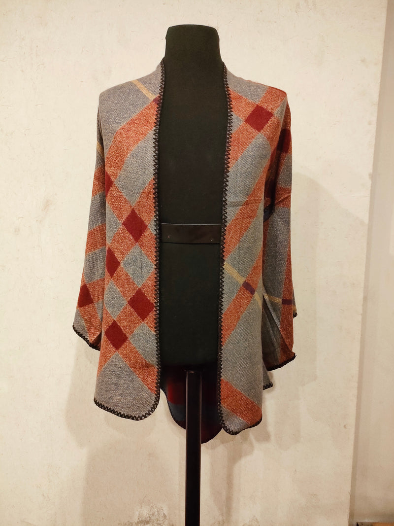 Beige Cashmere Vintage Check Cape Shawl - HKarim Buksh