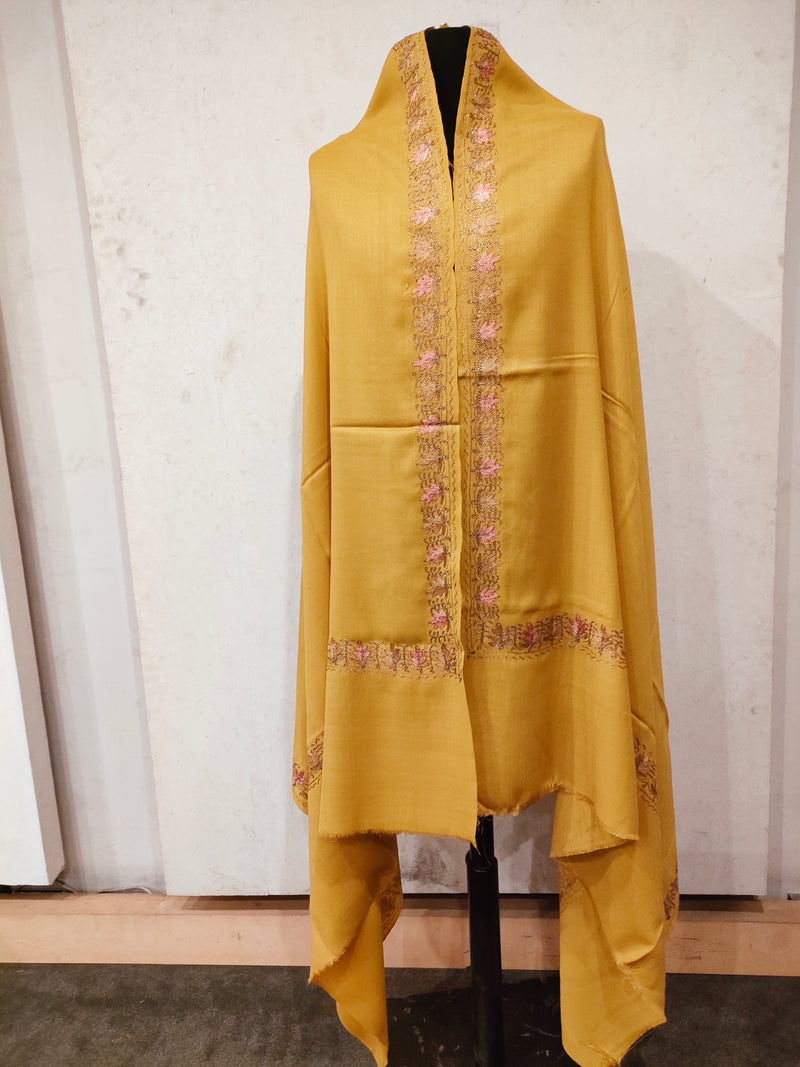 Mustard Pink Pashmina Border Embroidery Shawl - HKarim Buksh