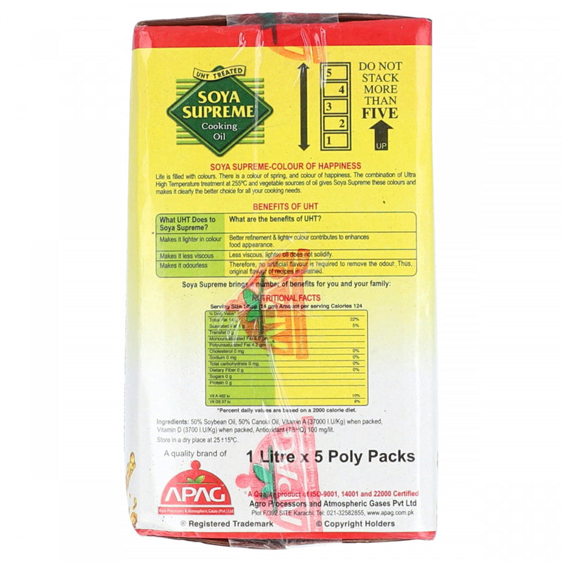 Soya Supreme Cooking Oil No Cholesterol 5 x 1 Litre Poly Packs - HKarim Buksh