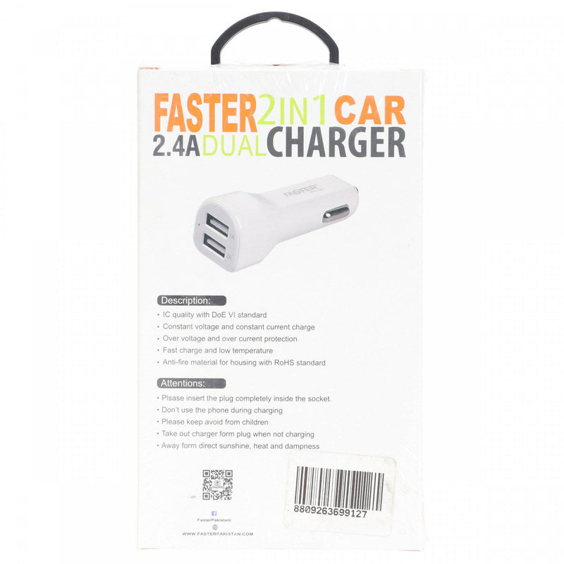 Faster 2.4A Fast Micro & Iphone Car Charger with Dual Ultra -Fast USb Charging Ports White - HKarim Buksh