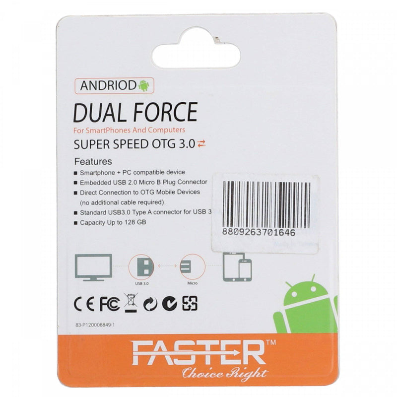Faster Dual Force Super Speed OTG 3.0 FUD-18 32GB Silver & Black - HKarim Buksh