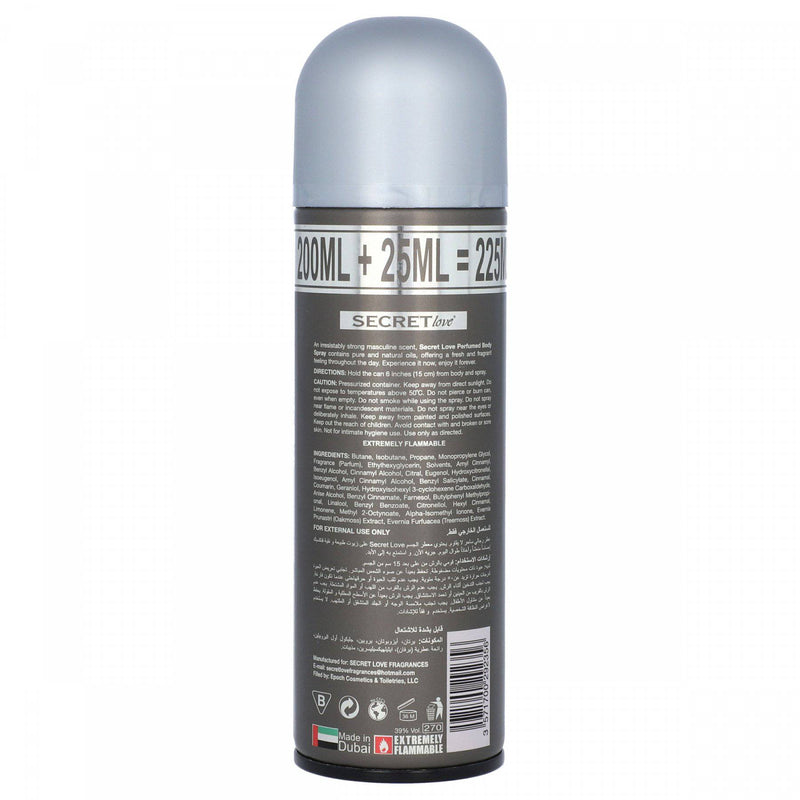 Secret Love Grey For Men Long Lasting Perfumed Body Spray 225ml - HKarim Buksh